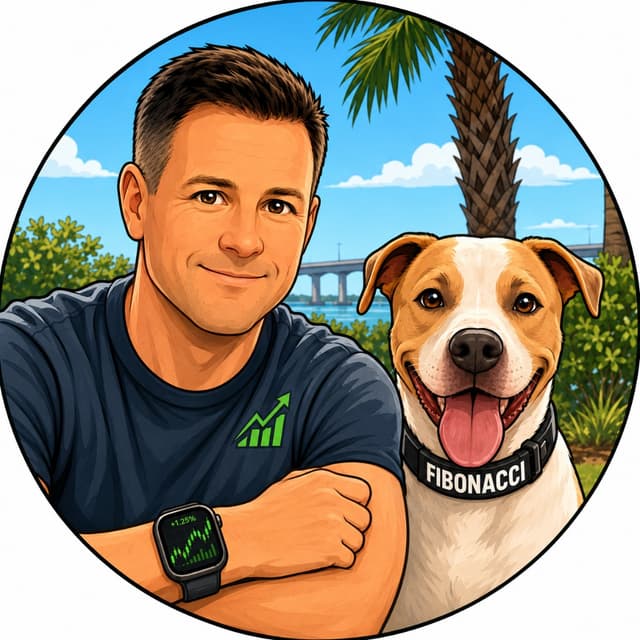 JR with Fibonacci, a brown and white dog wearing a collar that says FIBONACCI